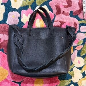 Portland Leather Mini-Crossbody Pebbled Leather Black Tote with Braided Strap